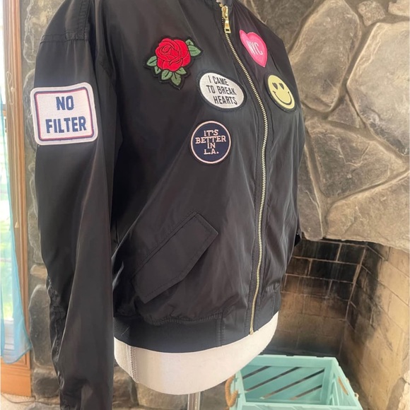 Express Black Bomber Jacket w/ Colorful PatchesI Came To Break Hearts Women’s XS - Picture 3 of 11
